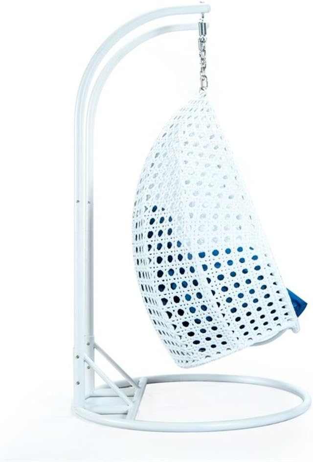 LeisureMod 2 Person Hanging Egg Chair Indoor Outdoor Patio Lounge Swing with White Stand &amp UV-Resistant Cushions Hammock Chair for Bedroom &amp Garden Blue