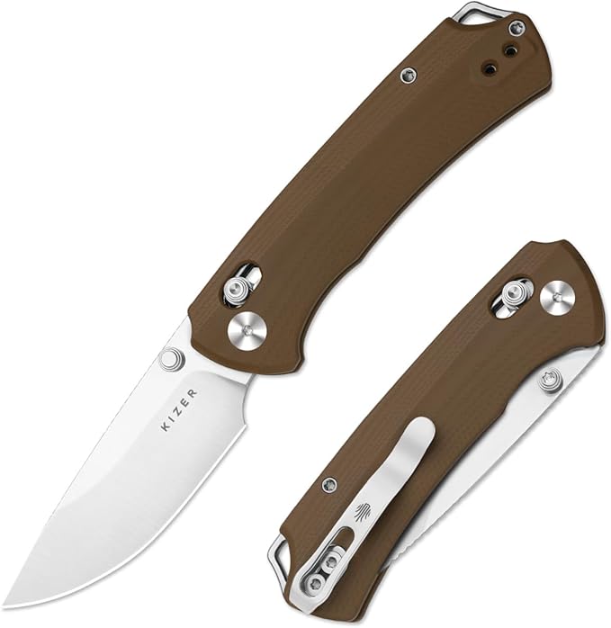 Kizer T1 CD EDC Pocket Knife 3.2 Nitro-V Steel Drop Point Folding Knives with Brown G10 Handle Sided Thumb Studs Opener Clutch Lock for Camping Hiking Fishing V3490.2CA2