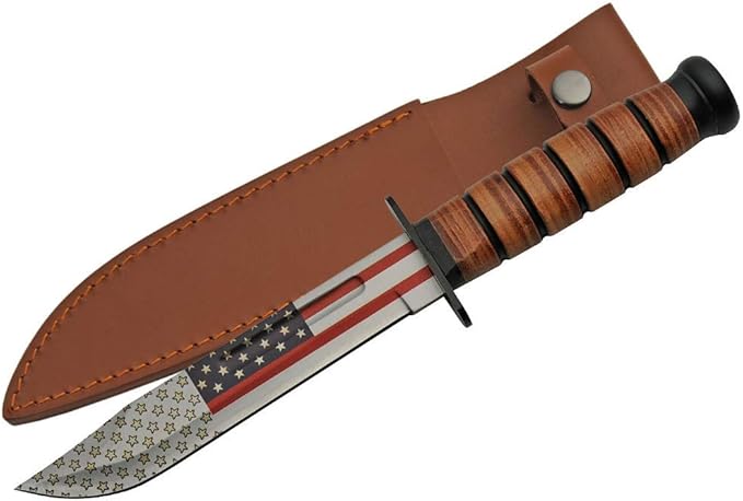 SZCO Hunting Knife 12.25 Inch - Flag Camping Knife with Leather Handle Stainless Steel Blade &amp Sheath - Pocket Knife for Hunting Camping &amp Outdoor Uses - Knives for Men
