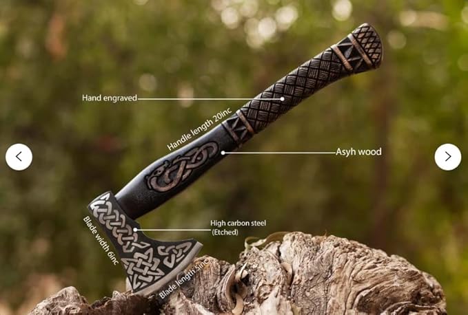 SHINY CRAFTS® Handcrafted Viking Axe – Nordic Engraved Blade with Wooden Handle Unique Gift for Men Collectors and Fantasy Enthusiasts (SCA-28)