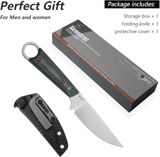 Fixed Blade Knife with Sheath3.22inch 14C28N Steel Blade KnivesEDC Knife Micarta Handle with Full Tang Design Knives for OutdoorGift for Men(Green)