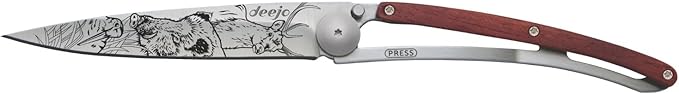 deejo - 37G Folding Pocket Knife with Belt Clip - Hunting Scene Design 3.7-Inch Stainless Steel Blade Coral Wood Handle - Lightweight Everyday Carry for Home Work and Outdoor Use