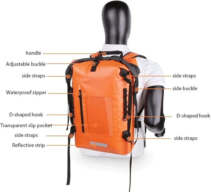 Waterproof Dry Bag Kayaking Backpack 25L Kayak Roll Top Drybags with Splash-Proof Zippered Pocket for Boating Camping