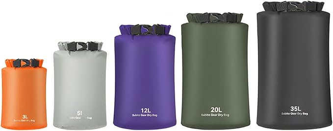 Waterproof Lightweight Dry Bags Set Of 5 Pcs 70D Polyester Ideal Camping Kayaking 3L 5L 12L 20L 35L Included (6.6 Lbs 11 Lbs 26.5 Lbs 44 Lbs 77 Lbs) Assorted Colors