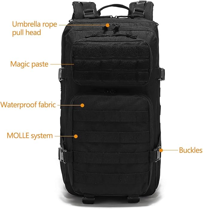 35L Military Tactical Backpack Army 3 Day Assault Pack Molle Bag Backpacks Rucksack For Hiking Fishing (Black CP)