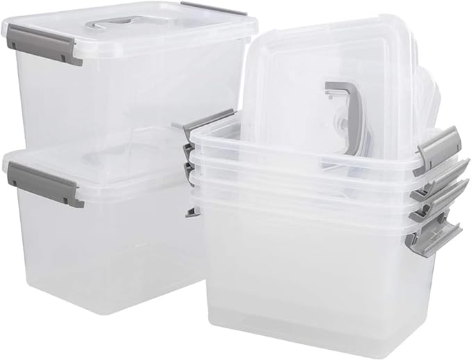 Vababa 6 Quart Clear Plastic Storage Box Latch Box with Handle 6-Pack
