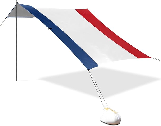 France Flag Foldable Beach Canopy UPF50 Easy Setup Shade Sun Shelter with Sandbags Sand Shovel Poles for Camping Picnics Backyard
