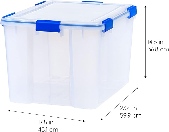IRIS USA WeatherPro 74 Qt Storage Bins with Lids 3 Pack BPA-Free Plastic Gasket Box with Tight Latch and Seal Stackable Nestable Tote Tub - Clear/Blue