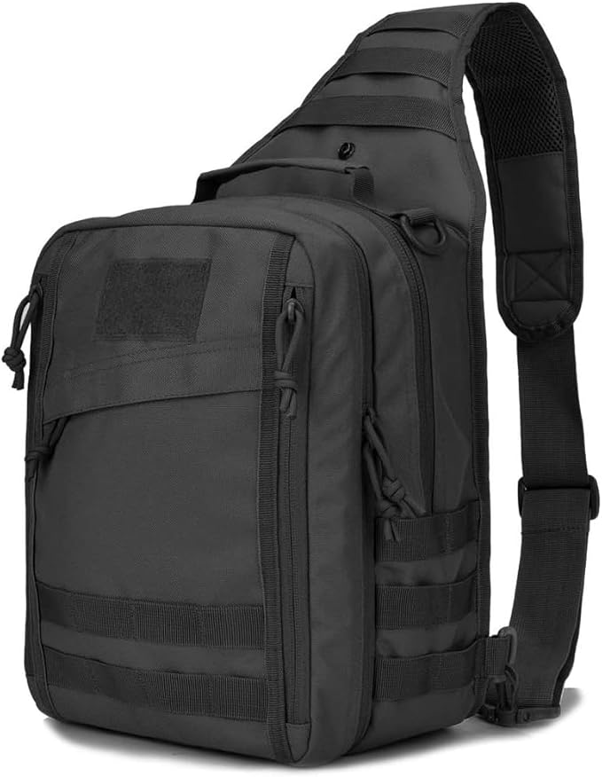 REEBOW GEAR Tactical Sling Bag Pack w/Gun Holster Small Military Rover Shoulder Sling Pack Molle Assault Range Bag Everyday Carry Diaper Bag (Style 07-Black)