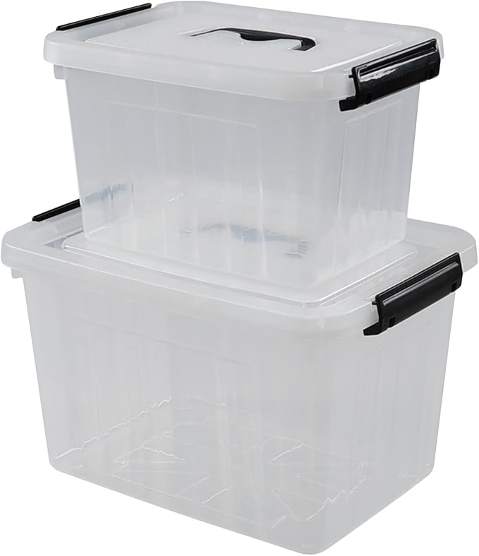2 Packs Clear Storage Boxes with Lids 12 Quarts &amp 6 Quarts Plastic Latching Bins Totes