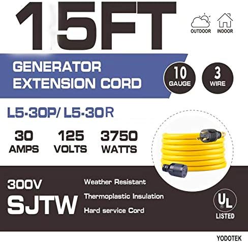 15FT Heavy Duty 3 Prong Generator Locking Power Cord NEMA L5-30P/L5-30R10 Gauge SJTW Cable 125V 30Amp Yellow Generator Lock Extension Cord with UL Listed…