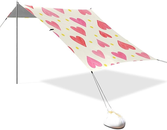 Beach Canopy with Windproof Ropes &amp Sandbags Beach Tent Sun Shade Sun Shelter for Camping Trips Fishing Backyard Fun or Picnics Heart