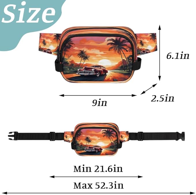 Sunset Coconut Island Tree Car Coconut Waterproof Fanny Pack for Women Men Adjustable Waist Bag with Double Zipper Pockets Lightweight Square Hip Pack for Running Travel Hiking Workout Cycling