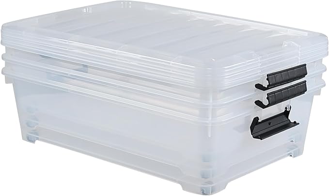Hespama 25 Quart Clear Plastic Underbed Storage Bin with Wheels 3 Pack