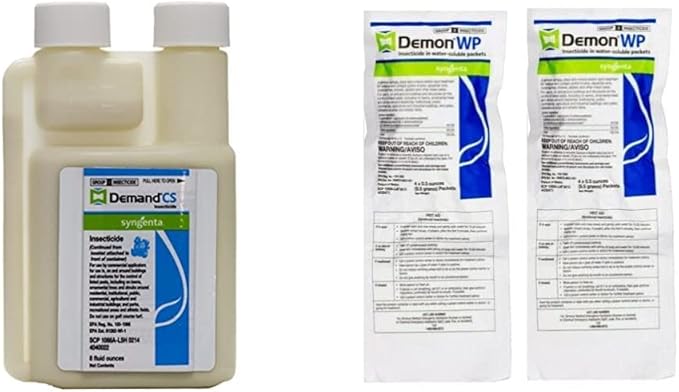 Syngenta 73654 Demand CS Insecticide 8oz Beige and Syngenta Demon WP Insecticide 2 Envelopes Containing 4 Water-Soluble 9.5 Gram Packets Makes 4 Gallons Cypermethrin 40%