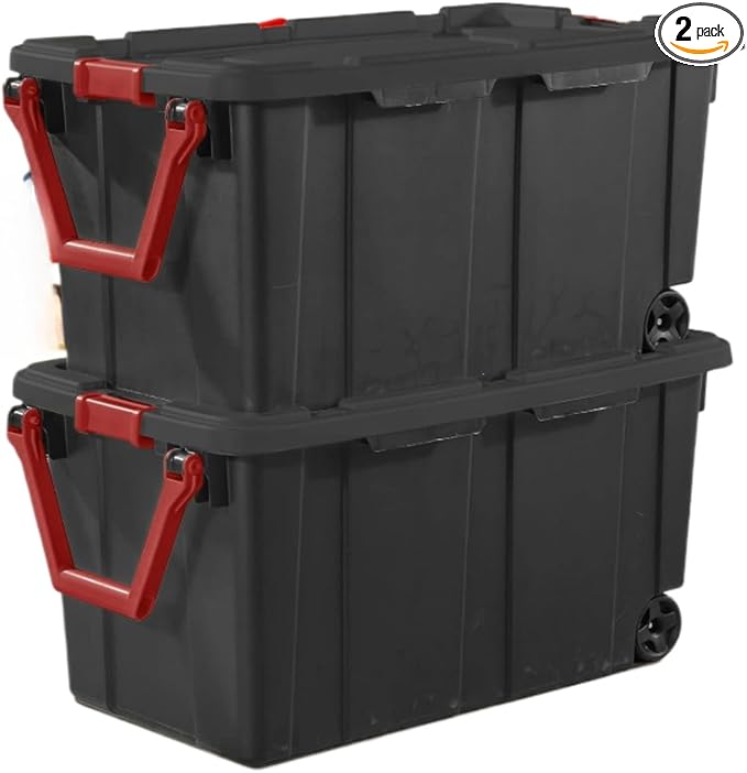 Modern Plastic &amp Metal 40 Gallon Lidded Home Storage Bins Stackable Industrial Storage Containers Tote Organizing Tote Tub Box with Wheeled Moving Boxes Set of 4 Black