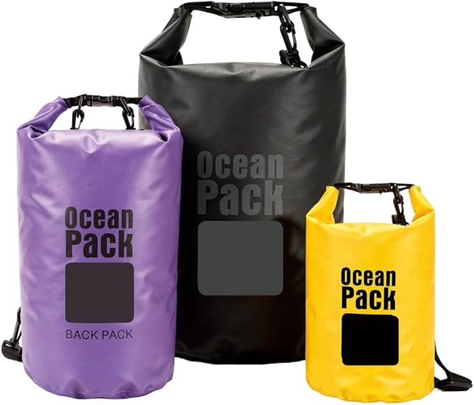 Waterproof Dry Bag Set of 3 – Roll Top Waterproof Bags 2L 5L 10L – 500D PVC Floating Dry Bags for Kayaking Camping Beach and Travel – Lightweight Compression Design