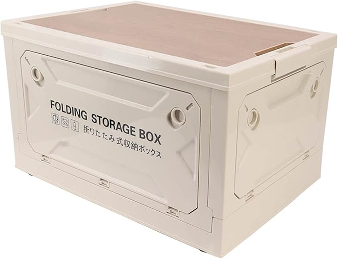 Folding Camping Storage Box with Wooden Lid Storage Bin Container with Wheels for Car Camping Picnic