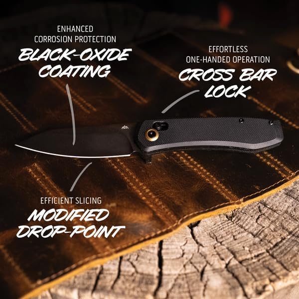 OUTDOOR EDGE Sentinel 3.15 Black Oxide Drop Point Blade – Smooth Ambidextrous Cross Bar Lock Non-Slip Black G10 Handle Ideal for Hunting Fishing Camping &amp Survival