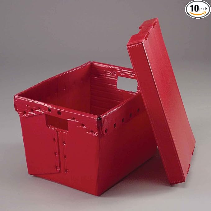 Global Industrial Postal Mail Tote With Lid Corrugated Plastic Red 18-1/2x13-1/4x12 Lot of 10