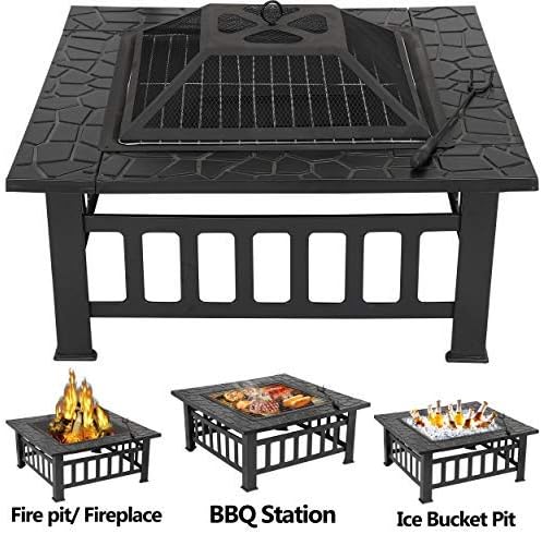 LEMY 32 Inch Outdoor Fire Pit Table Wood Burning Firepit Stove with Lid for Camping&ampBBQ Garden Backyard