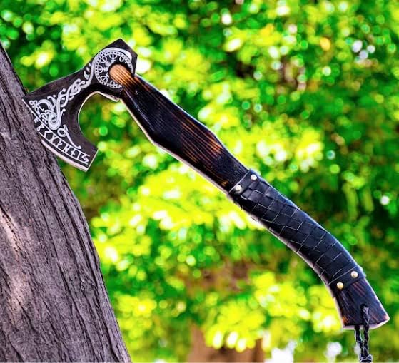 SHINY CRAFTS® Handcrafted Decorative Viking Axe with Leather-Wrapped Handle &amp Sheath – Engraved Blade – Ceremonial Collectible Gift for Men Warriors History Buffs Cosplay &amp Display (VBA-06)