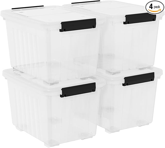 4-Pack 50 Quart Plastic Storage Bin Box Organizing Container with Lid and Secure Latching Buckles Stackable Wheeled Box Clear