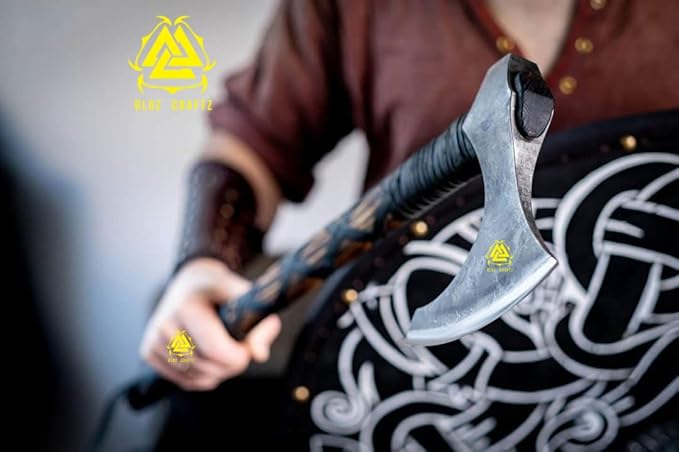[OLDZ CRAFTZ] 27-Inch Hand-Forged Viking Axe with Sheath Viking Axe Real Battle self Defense Weapons War Hatchet Medieval Axes Survival Axe Viking Bearded Camping Axe Best Gift Axe