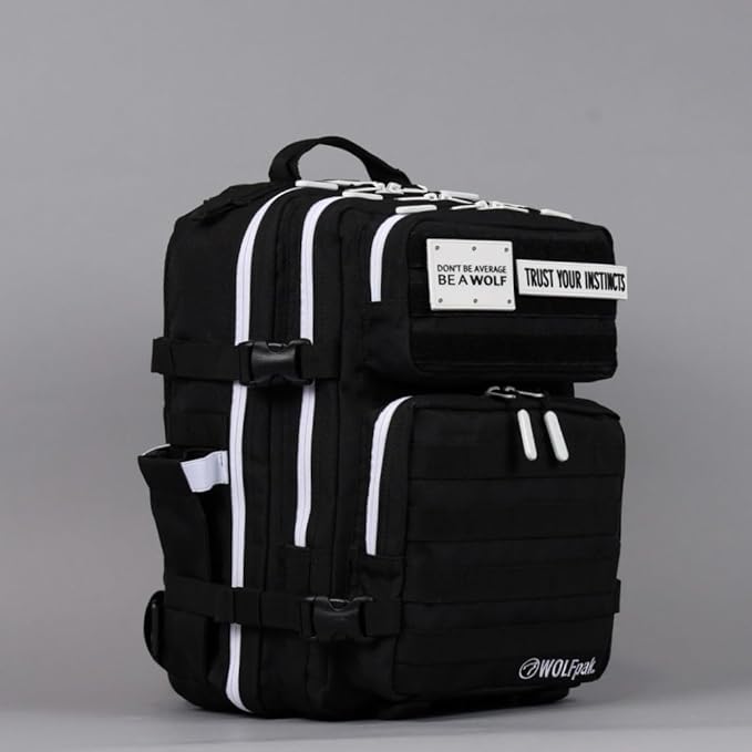 WOLFpak 25L Athletic Gym Backpack (Alpha Black w/White Accents) Durable 1000D Waterproof Oxford Material with MOLLE Webbing Laptop Pocket &amp Dual Cup Holders