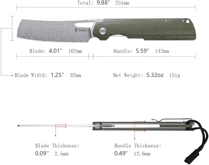 4.01 Chef Folding Knife Camping EDC Pocket Knife for Man Micarta Handle with Pocket Clip for Outdoor Cooking Fishing &amp Hiking.59-60 HRC D2 Steel Stonewash Blade. XUN119A-GMSt