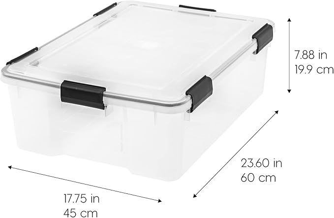 IRIS USA WeatherPro 41 Qt Storage Bins with Lids 4 Pack BPA-Free Plastic Gasket Box with Tight Latch and Seal Stackable Nestable Tote Tub - Clear/Black