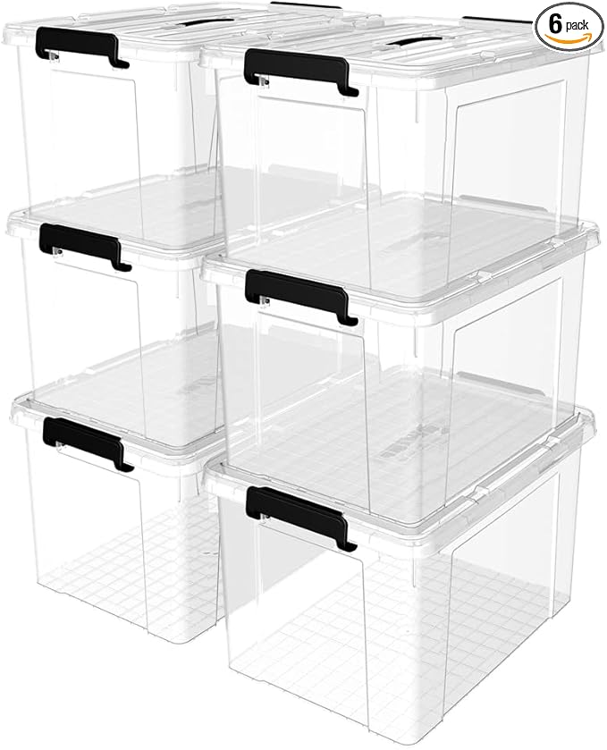 Cetomo Plastic Storage Bin Box Organizing Container with Lid and Secure Latching Buckles Clear 72Qt x 6 Pack of 6