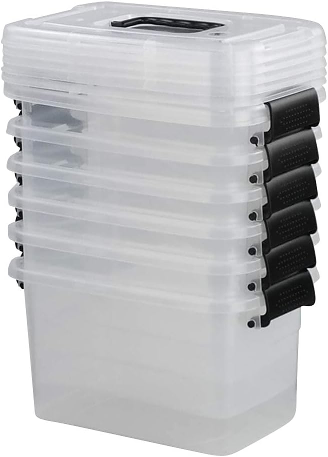 Ramddy 5 Quart Clear Plastic Bins with Lid Versatile Latching Box with Black Handles 6 Packs