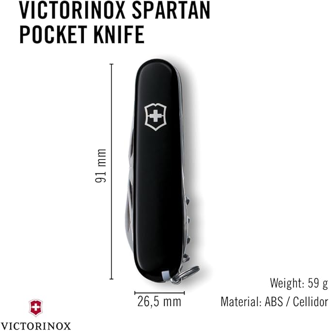 Victorinox Spartan Swiss Army Knife 12 Functions Swiss Made Pocket Knife with Corkscrew Can Opener and Screwdriver - Black