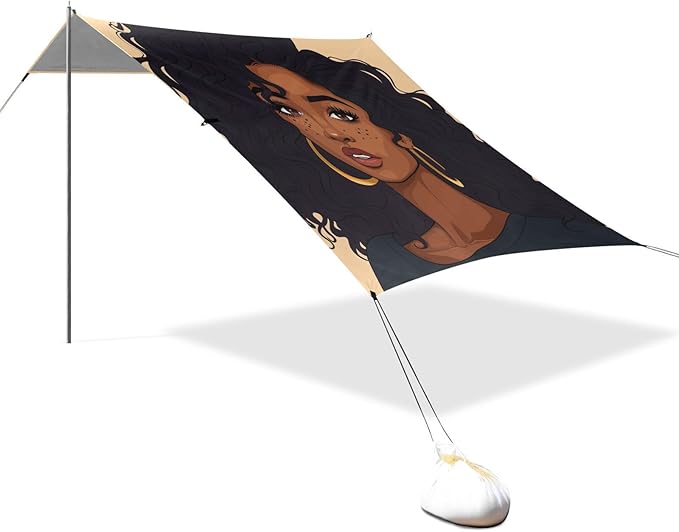 ALAZA Black Woman with Curly Hair Beach Tent Sun Shelter Portable Canopy Sunshade for Outdoor Camping Picnics Backyard Fun 10x9 ft