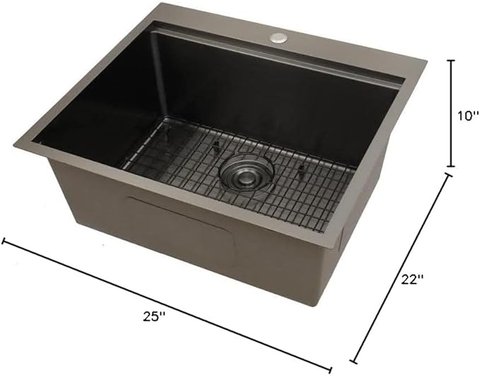 STARSTAR Workstation Ledge Topmount/Drop-in Single Bowl Satin Matte 304 Stainless Steel Kitchen/Yard/Bar/Laundry/Office Sink With Grid Colander Cutting Board Strainer (25x22x10 Black)