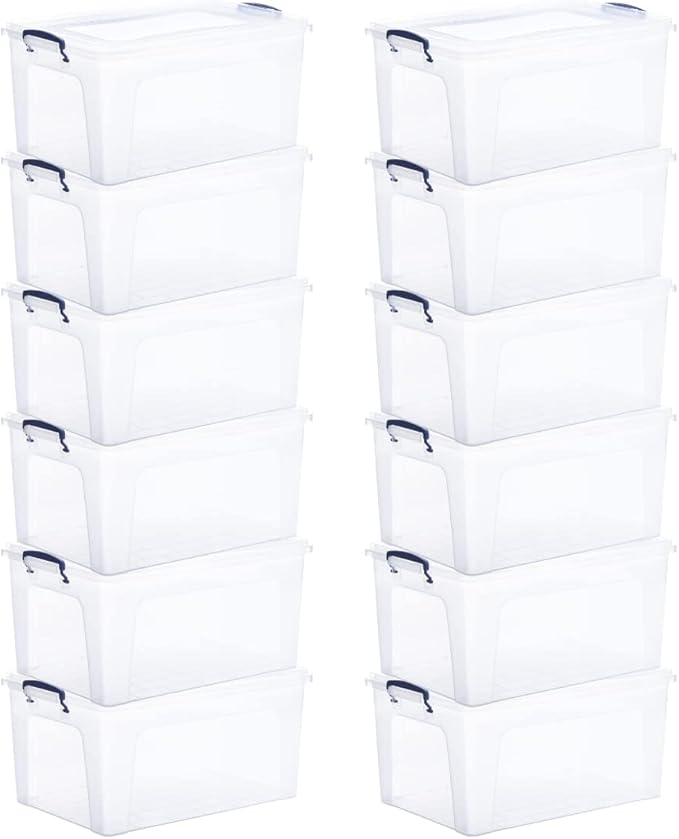 Superio Clear Storage Boxes with Lids Plastic Container Bins for Organizing Stackable Crates Storage Bins BPA Free Non Toxic Odor Free Organizers for Home Office School (28.5 Quart 12 Pack)