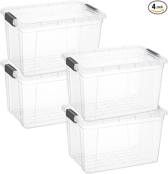 Superio Clear Storage Boxes with Lids 14.25 Quart Plastic Container Bins for Organizing Stackable Crates BPA Free Non Toxic Odor Free Organizers for Home Office and Dorm 4 Pack