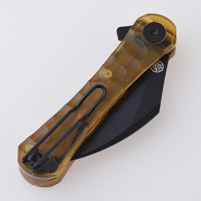 SHIELDON Scythe 2.55 Titanium Coating 154CM Steel Hawkbill Point Blade with Amber PEI Handle and Reversible Wire Clip