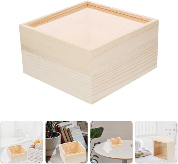 LOGOFUN 2Pcs Unfinished Wooden Display Box with Acrylic Slid Lid Wood Keepsake Storage Box Wooden Sliding Top Storage Holder - 20x20x10cm