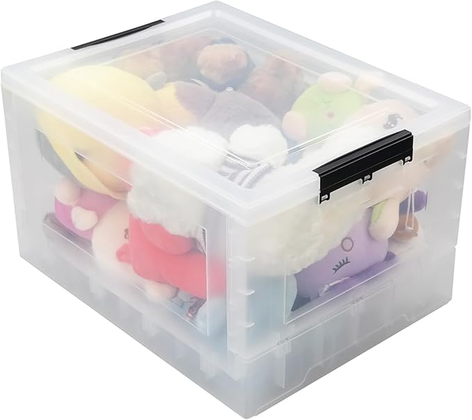 Pekky 16L Collapsible Storage Box with Lid 2 Packs Stackable Folding Bin Clear