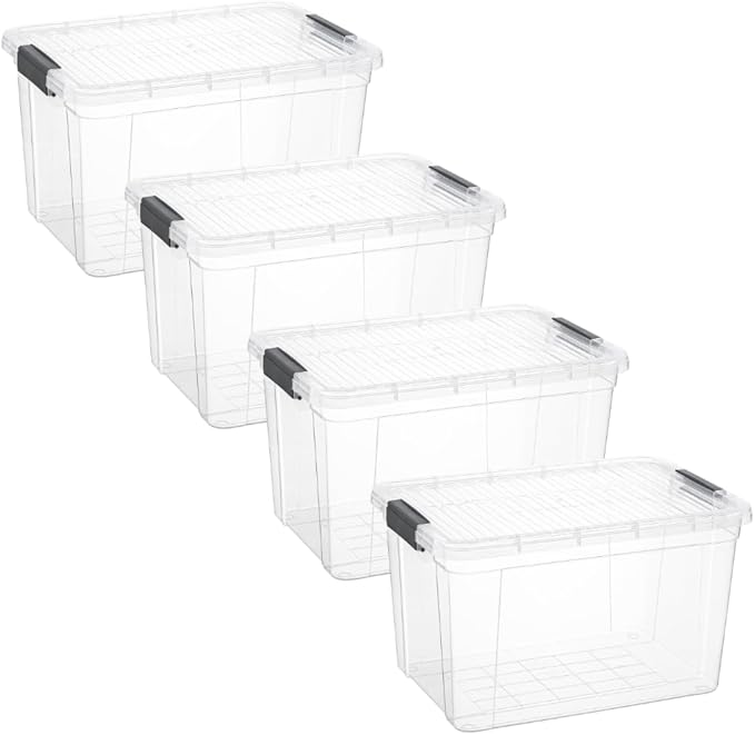 Superio Clear Storage Boxes with Lids 14.25 Quart Plastic Container Bins for Organizing Stackable Crates BPA Free Non Toxic Odor Free Organizers for Home Office and Dorm 4 Pack