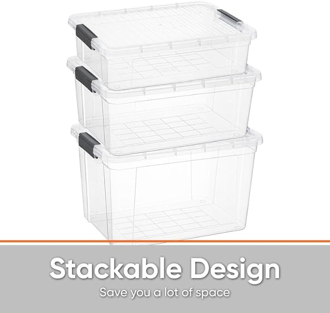 Superio Clear Storage Boxes with Lid 3 Pack Plastic Container Bins for Organizing Stackable Crates BPA Free Non Toxic Odor Free Organizers for Home Office School and Dorm (22.7 36 and 49 Qt)