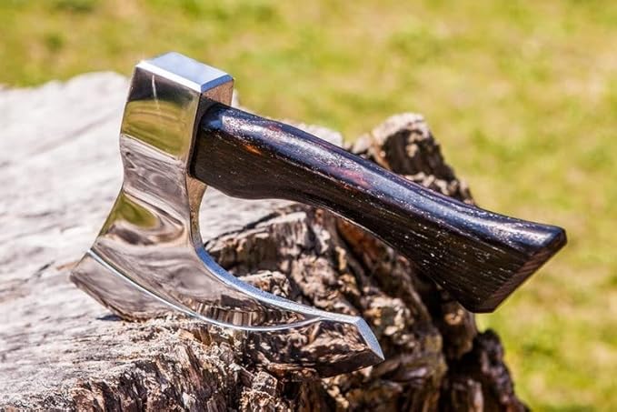 AXE015AM FS Crafts 9.00 Custom Handmade Viking Axe Fist Axe (Palm-Sized) Hand Forged Carbon Steel Hunting Axe Hatchet with Leather Sheath Ragnar Black Handle Outdoors Fishing Camping Knife