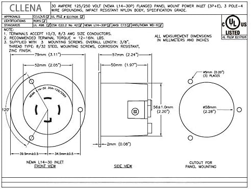 Cllena NEMA L14-30 Flanged Generator Power Inlet/Outlet Receptacle Socket with Cover 30 Amp 125/250V 7500W (Black)