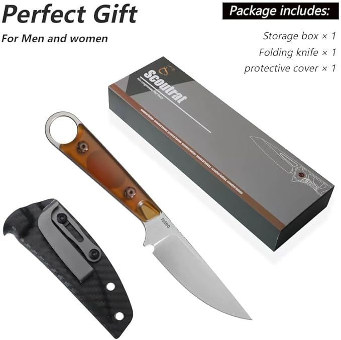 Fixed Blade Knife with Sheath3.22inch N690 Steel Blade KnivesEDC Knife Ergonomic PEI Handle with Full Tang Design Knives for OutdoorGift for Men&ampWomen(Yellowish-brown)
