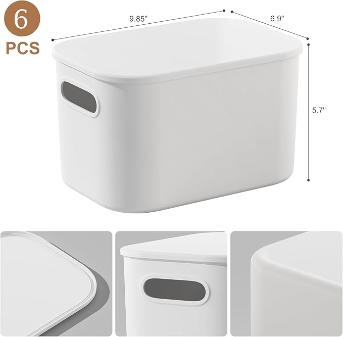 6 Pack White Storage Bins with Lids Stackable Storage Container for Organizing Small Storage Boxes with Handle for Shelves Cute Organizer Bins for Craft Snacks 9.85x6.9x5.7 inch