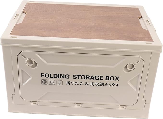 Folding Camping Storage Box with Wooden Lid Storage Bin Container with Wheels for Car Camping Picnic