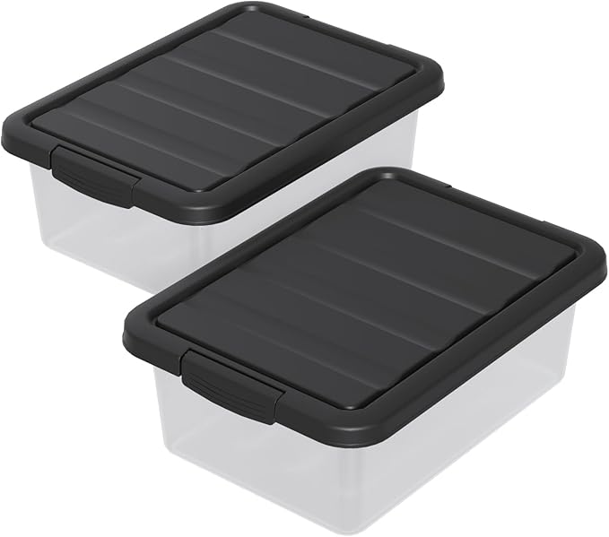14 L Clear Storage Box with Black Lid Plastic Stackable Container Organizer Medium-14 Quart 2 Packs