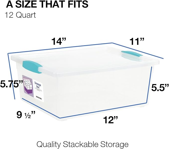 Tribello 6-Pack 12 Qt Stackable Plastic Storage Bins with Lids Clip Box Organizing Solution for Crafts Supplies and Office Items (Teal)